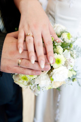 Obraz na płótnie Canvas Bride and groom's hands with wedding rings