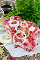 raw rump steaks on wooden table