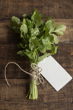 bouquet of fresh coriander or cilantro, price tag on white woode