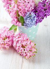 colorful hyacinth flowers in a polka dot cup