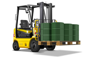 Gabelstapler mit grünen Metallfässern. Gelb, scharz, freigeste