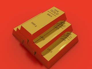 Gold bars isolated on red