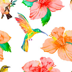 Hibiscus. Tropical plants and birds seamless pattern. Exotic flo - 77540405