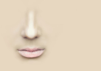Female nose and lips on the physical background.
