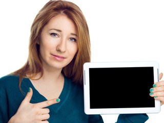 Woman holding a tablet computer  on white background