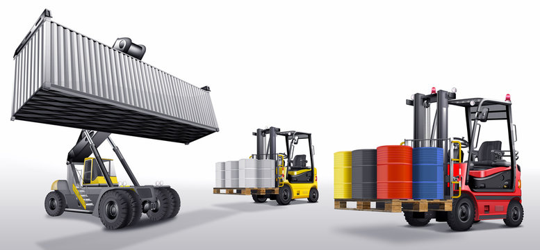Gabelstapler mit Fracht und Containerstapler, freigestellt