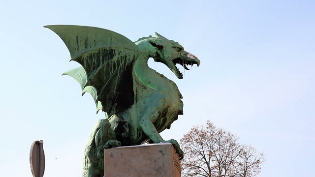 Close shot of a Ljubljana`s dragon statue