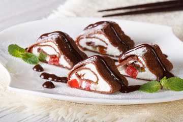 Japanese chocolate roll with cream cheese and fruit horizontal