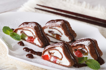 Asian chocolate roll with cheese and fruit. horizontal