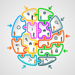 Naklejka premium Brain of puzzles with workers