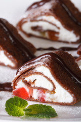chocolate pancakes with cheese, fruit and mint macro. Vertical