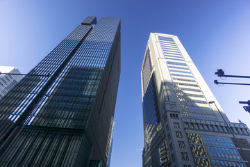 丸の内高層ビル街を見上げる