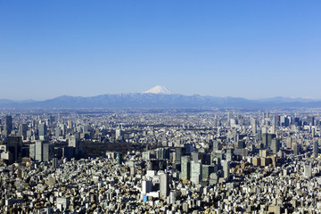 東京スカイツリー　展望回廊　地上450mから望む美しい富士山と東京街並全景　2015年2月