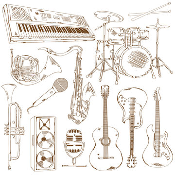 Set of isolated sketch musical instruments