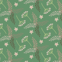 Seamless pattern with flowers and leafs on green background.
