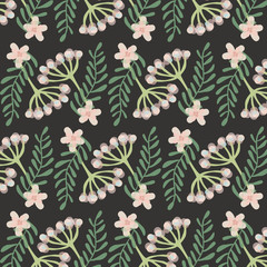 Seamless pattern with big flowers and leafs on gray background