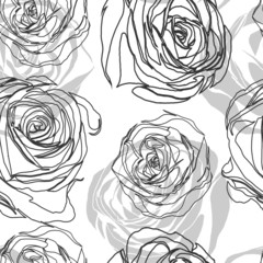 black and white seamless pattern in roses with contours.
