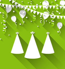 Holiday background with party hats, balloons, confetti, and hang
