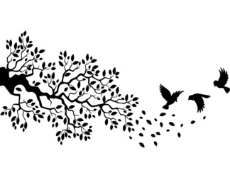 Illustration of tree branch with bird silhouette