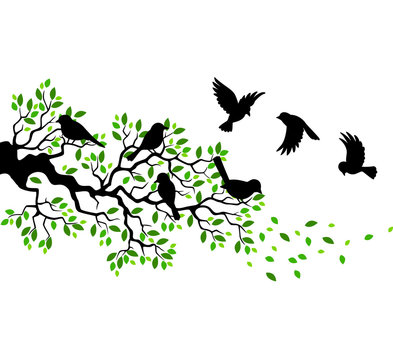 Illustration of tree branch with bird silhouette