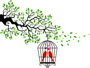 Naklejki  Tree silhouette with bird in a cage