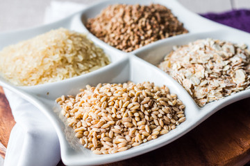 raw cereals,.buckwheat, oats, pearl barley, white rice