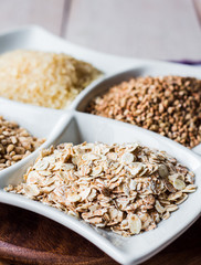 raw cereals,.buckwheat, oats, pearl barley, white rice