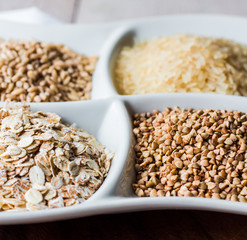 raw cereals,.buckwheat, oats, pearl barley, white rice