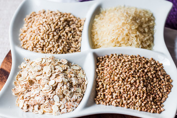 raw cereals,.buckwheat, oats, pearl barley, white rice