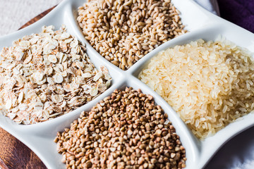 raw cereals,.buckwheat, oats, pearl barley, white rice