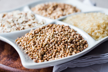 raw cereals,.buckwheat, oats, pearl barley, white rice
