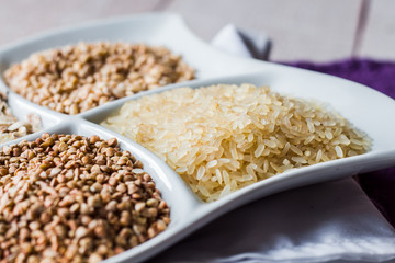 raw cereals,.buckwheat, oats, pearl barley, white rice