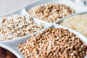 raw cereals,.buckwheat, oats, pearl barley, white rice