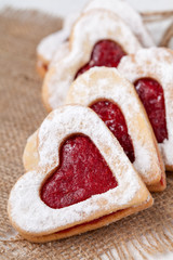 Lovely heart shaped cookies with jam for valentine's day