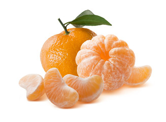 Whole mandarins peeled and unpeeled isolated on white