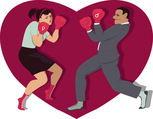 War of sexes. Man and woman boxing