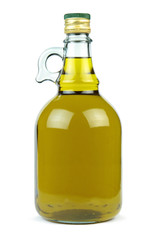 Extra virgin olive oil in a glass bottle isolated on white