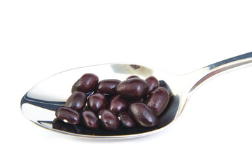 Uncoocked red beans on metal spoon. Gernika beans.