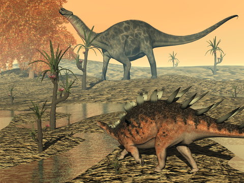 Dicaeosaurus and kentrosaurus dinosaurs - 3D render