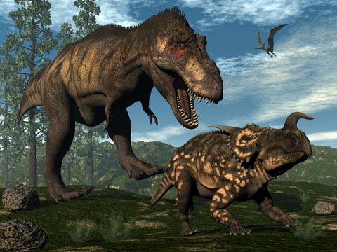 Tyrannosaurus rex attacking einiosaurus dinosaur - 3D render