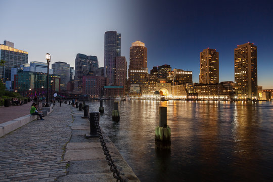 Boston skyline day to night montage - Massachusetts - USA - Unit