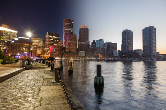 Boston skyline day to night montage - Massachusetts - USA - Unit
