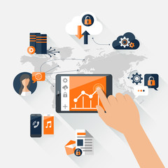 Flat vector illustration concept mobile devices connected onto a