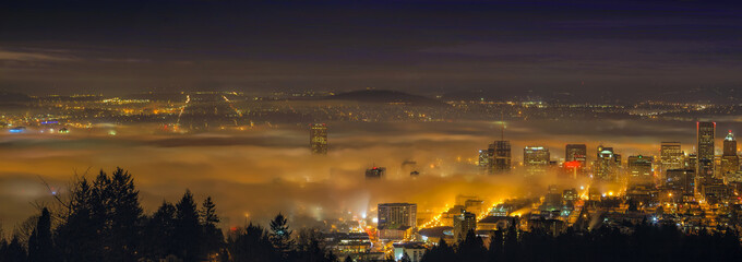 Rolling Fog Over City of Portland at Dawn Panorama