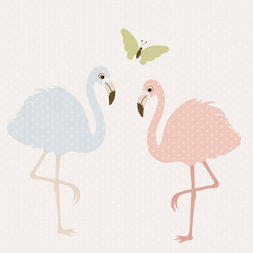 Cute flamingos and butterfly