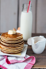 Pancake with butter, honey and milk, sweet breakfast