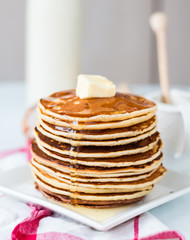 Pancake with butter and honey, a bottle of milk, dessert