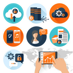 Flat vector illustration concept mobile devices connected onto a