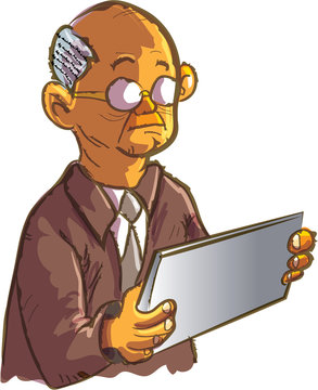 Cartoon old man using a electronic tablet
