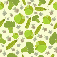 Seamless pattern with cabbage, green peas, broccoli. Eco, bio ba